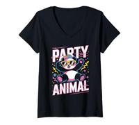 Mujer Party Animal Panda tee Funny Cool Gafas de Sol Cap Retro Style Camiseta Cuello V
