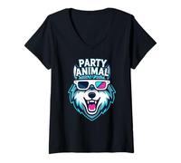 Mujer Party Animal Wolf with 3D Glasses Funny Rave Graphic Camiseta Cuello V