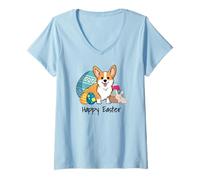 Mujer Pascua Corgi Perro, Feliz Pascua Camiseta Cuello V