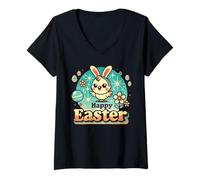 Mujer Pascua Feliz Conejito Polluelo Retro Estética Camiseta Cuello V
