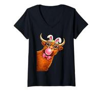 Mujer Pascua Highland Cow Cute Pascua Primavera Highland Cow Mujer Camiseta Cuello V