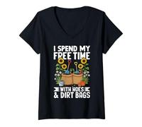 Mujer Paso mi Tiempo Libre con Azadas y Bolsas de Tierra, Divertida jardinería Camiseta Cuello V