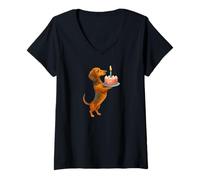 Mujer Pastel de Feliz cumpleaños Perro Salchicha Cachorro Salchicha Perro papá mamá niños Camiseta Cuello V