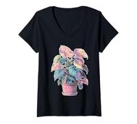 Mujer Pastel Filodendro Plantas de Interior Amante Botánico Soñador Camiseta Cuello V