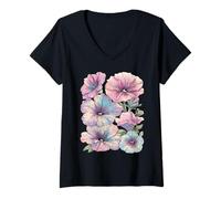 Mujer Pastel Floral Petunia Planta Flores Botánico Primavera De Ensueño Camiseta Cuello V