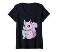 Mujer Pastel Goth Kawaii Ardilla Cute Creepy con Bubble Boba Tea Camiseta Cuello V