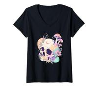 Mujer Pastel Goth Skull Champiñones Witchy Menhera Japonés Harajuku Camiseta Cuello V