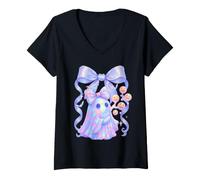 Mujer Pastel Halloween Ghost Blowing Pumpkin Bubbles Camiseta Cuello V