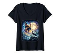 Mujer Pastor alemán Aullando a la Luna Vintage Mystical Dog Camiseta Cuello V