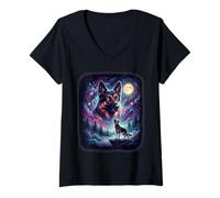 Mujer Pastor alemán Aullando a la Luna Vintage Mystical Dog Camiseta Cuello V