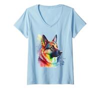 Mujer Pastor Alemán Colorido Pop Art Tie Dye Acuarela Camiseta Cuello V