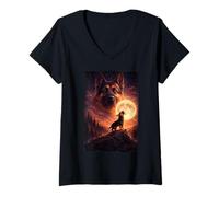 Mujer Pastor alemán místico Vintage Howling to The Moon Camiseta Cuello V