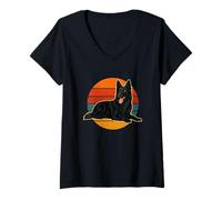 Mujer Pastor alemán negro retro atardecer perro arte Camiseta Cuello V