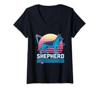 Mujer Pastor Alemán Retro Vintage Synthwave Estética Perro Amante Camiseta Cuello V