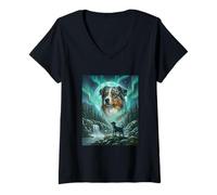 Mujer Pastor Australiano Aurora Borealis Northern Lights Dog Camiseta Cuello V