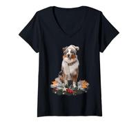 Mujer Pastor australiano con temática navideña de perro Camiseta Cuello V