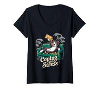 Mujer Patatas Fritas para Gatito Estresado Lazy Cat Fritas para Hacer Frente al estrés Camiseta Cuello V