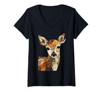 Mujer Patchwork Deer Estética Boho Animal Collage Quilt Art Camiseta Cuello V