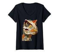 Mujer Patchwork T-Rex Boho Dinosaurio Collage Colcha Gráfico Arte Camiseta Cuello V