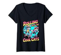 Mujer Patinador felino Rolling with The Cool Cats Camiseta Cuello V