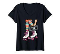 Mujer Patines de Ruedas Boombox 80's 90's Girls Vibes Retro Throwback Camiseta Cuello V