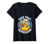 Mujer Pato Alegre Humor Motivador Mensaje Salud Mental Camiseta Cuello V