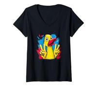 Mujer Pato Amarillo Doble Paz Retro Pop pájaro Signo gráfico Gesto Camiseta Cuello V