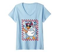 Mujer Pato Patriótico Gafas Damero Desfile 4 De Julio Parade Camiseta Cuello V