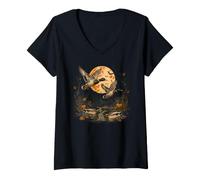 Mujer Patos Mallard Volando Bajo Cosecha Luna Vuelo Camiseta Cuello V