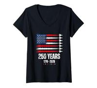 Mujer Patriotic 250 Years USA Flag Fighter Jets 4th of July Camiseta Cuello V