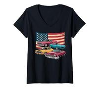 Mujer Patriotic American Flag Vintage Muscle Car Camiseta Cuello V