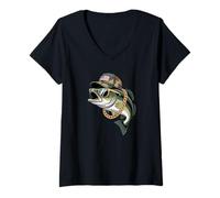 Mujer Patriotic Bass Fishing USA Dad Angler Graphic Design Camiseta Cuello V