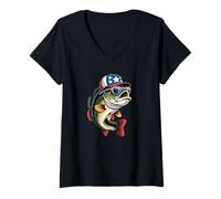 Mujer Patriotic Bass Fishing USA Dad Angler Graphic Design Camiseta Cuello V