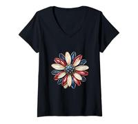 Mujer Patriotic Flower USA Floral American 4 Julio Independencia Camiseta Cuello V