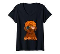 Mujer Patriótico Desi perro con gafas americanas y turbante indio Camiseta Cuello V