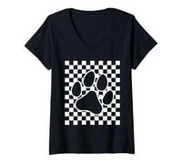 Mujer Patrón a cuadros con estampado de huellas de perro de ajedrez Camiseta Cuello V