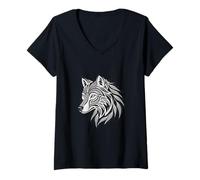 Mujer Patrón de Arte Tribal con Cabeza de Lobo intrincado, símbolo Salvaje Camiseta Cuello V