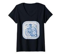 Mujer Patrón de cerámica floral Degu azul de Delft Camiseta Cuello V