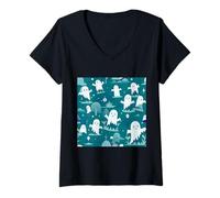 Mujer Patrón de dibujos animados fantasma de Halloween turquesa y agua Camiseta Cuello V