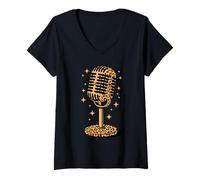 Mujer Patrón De Leopardo Micrófono Mic Cantante Podcast Podcaster Camiseta Cuello V