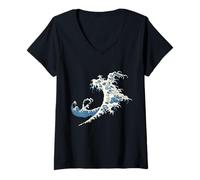 Mujer Patrón De Onda Japonés Dibujo Arte Agua Océ Camiseta Cuello V