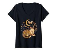 Mujer Patrón Floral Boho Celestial Calico Cat Moon Camiseta Cuello V