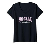 Mujer Patrón Floral Morado de Trabajador Social Camiseta Cuello V