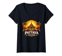 Mujer Pattaya Tailandia Puesta de Sol Thai Temple Design Camiseta Cuello V