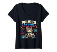 Mujer Pausa Mi Juego para Alimentar Al Gato Gamer Cat Retro Camiseta Cuello V