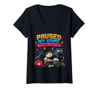 Mujer Pausa Mi Juego para Alimentar Al Gato Gamer Cat Retro Camiseta Cuello V