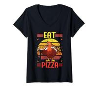 Mujer Pavo Comer Pizza Acción de Gracias Divertida Cena Italiana Peregrina Camiseta Cuello V