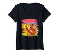 Mujer Pavo Comer Pizza Acción de Gracias Divertida Cena Italiana Peregrina Camiseta Cuello V