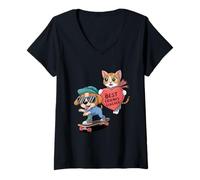Mujer Paws And Relax Dibujos Animados Gato Perro Café Sofá Escena Divertido Juego de palabras Camiseta Cuello V