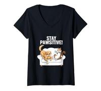 Mujer Paws And Relax Dibujos Animados Gato Perro Café Sofá Escena Divertido Juego de palabras Camiseta Cuello V